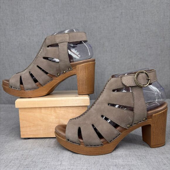 Dansko Demetra Heels Taupe Nubuck Leather Cagey Strappy Bootie Women’s EU 38 - Picture 3 of 11